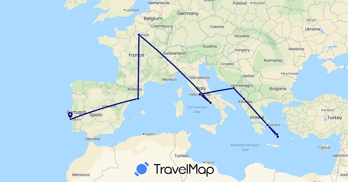 TravelMap itinerary: driving in Albania, Spain, France, Greece, Croatia, Italy, Portugal (Europe)